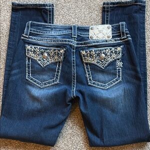 Miss Me Blue Cropped Jeans with Rhinestone Accents